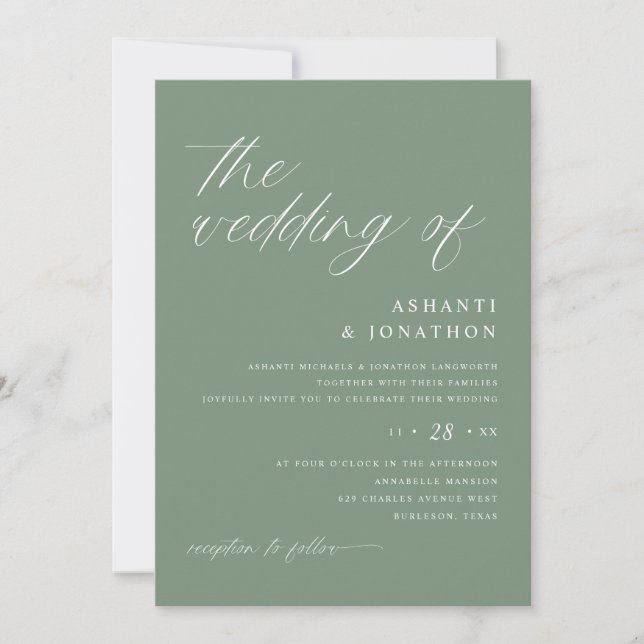Invitación Boda Romántica Moderna en Verde Salvia (Anverso)