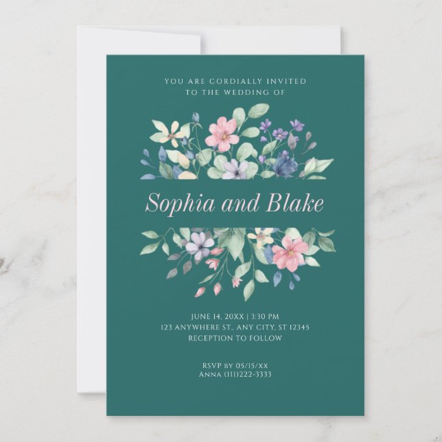 Invitación Boda Romántica Moderna Flores Silvestres Verde Jad (Anverso)