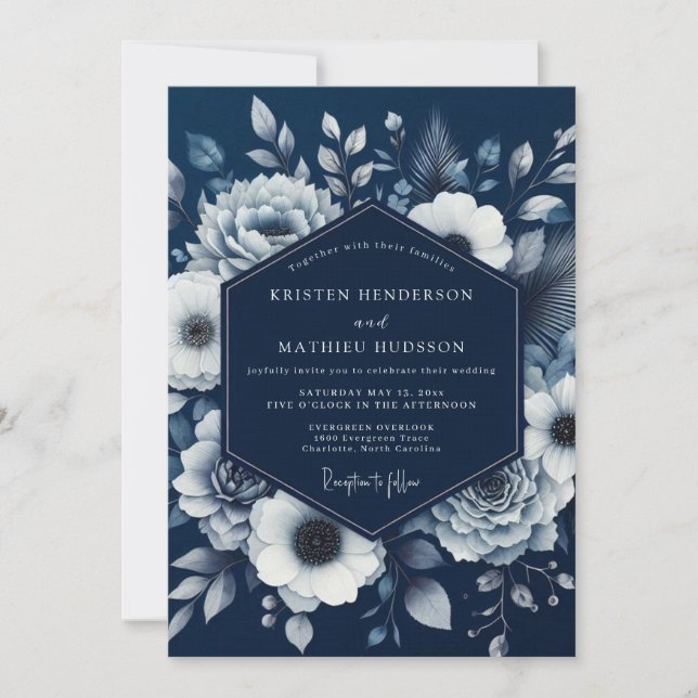 Invitación Boda Romántica Navy Bloom (Anverso)