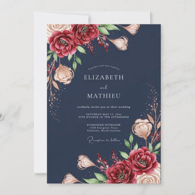 Invitación Boda Romántica Navy Bloom (Anverso)