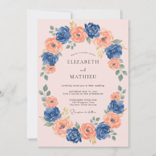 Invitación Boda Romántica Navy Coral Blossom