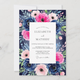 Invitación Boda Romántica Navy Pink Bloom
