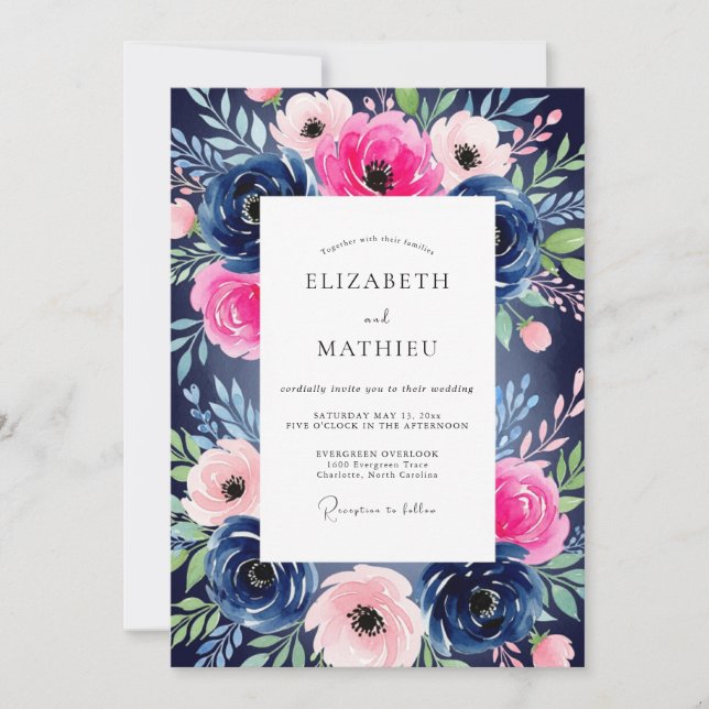 Invitación Boda Romántica Navy Pink Bloom (Anverso)