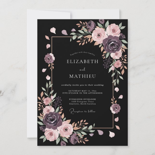 Invitación Boda Romántica Negra de Medianoche (Anverso)