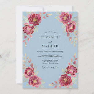 Invitación Boda Romántica Opulenta de Azul Celeste