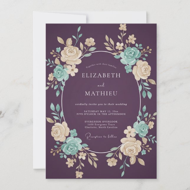 Invitación Boda Romántica Ornata de Ciruela (Anverso)