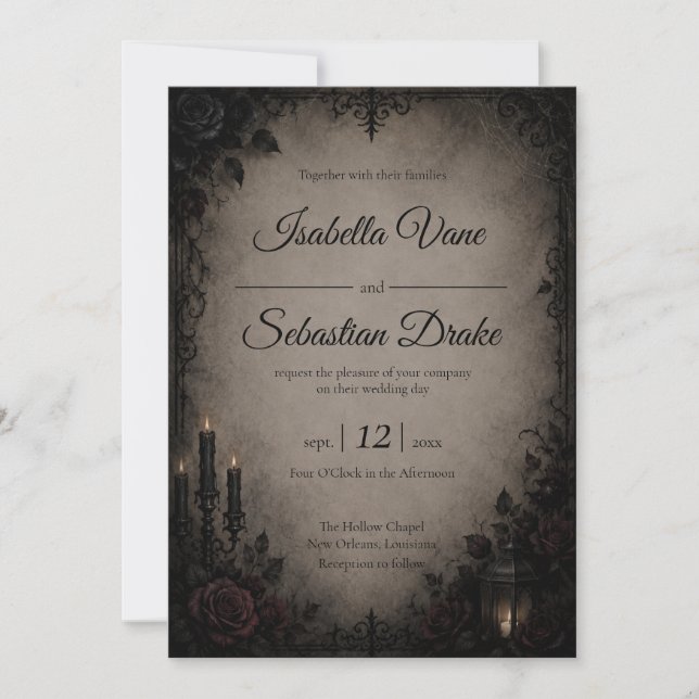 Invitación Boda Romántica Oscura Gótica (Anverso)