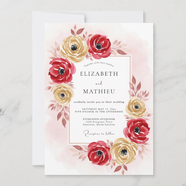 Invitación Boda Romántica Otoñal de Oro Rojo (Anverso)
