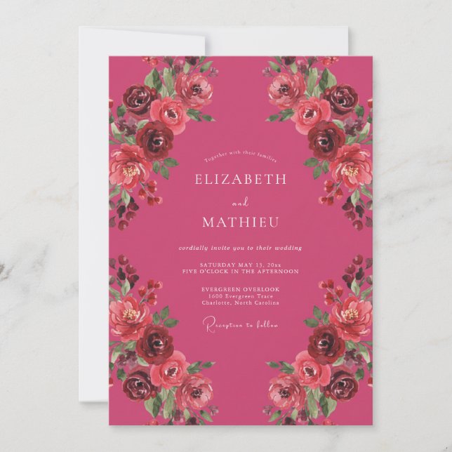Invitación Boda Romántica Otoñal Rosa Frambuesa (Anverso)