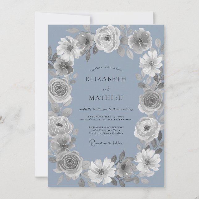 Invitación Boda Romántica Oval Floral Periwinkle (Anverso)