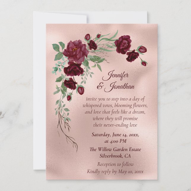 Invitación Boda romántica personalizable con flores de oro ro (Anverso)