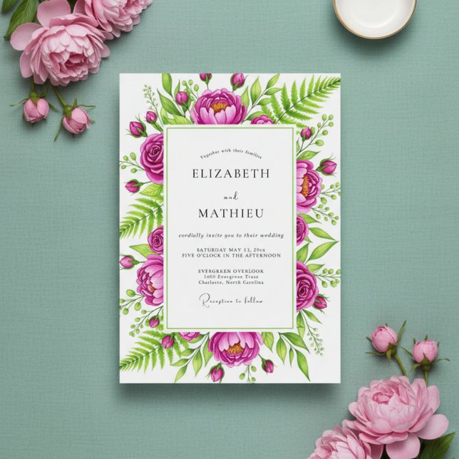 Invitación Boda Romántica Pintada con Flores Magenta (Subido por el creador)