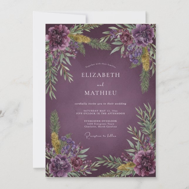 Invitación Boda Romántica Pintada de Violeta Profundo (Anverso)
