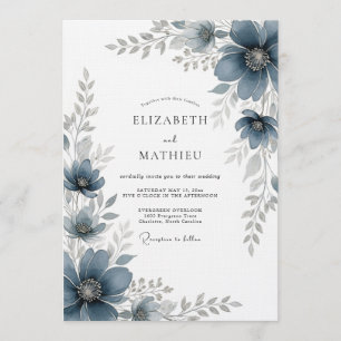Invitación Boda Romántica Pintada en Azul Pizarra