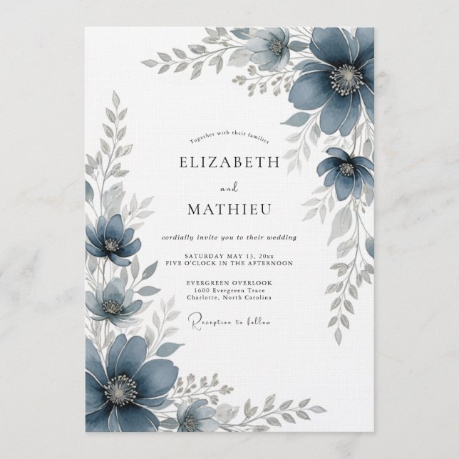Invitación Boda Romántica Pintada en Azul Pizarra (Anverso)