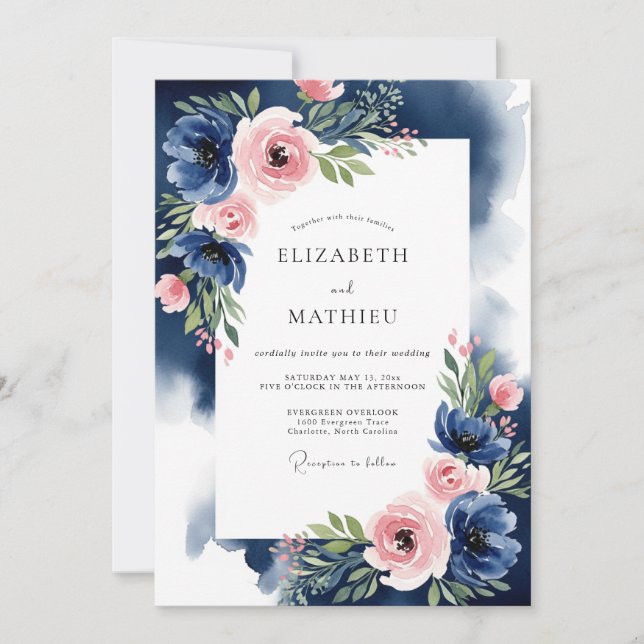 Invitación Boda Romántica Pintoresca con Toque de Índigo Rubo (Anverso)