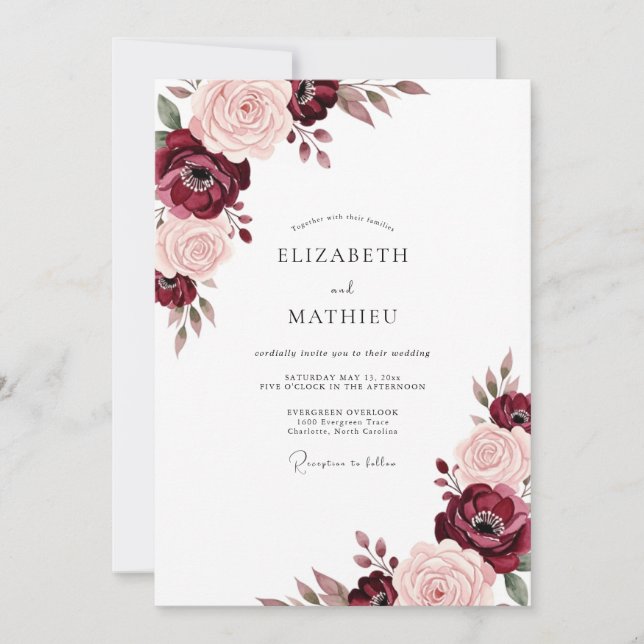 Invitación Boda Romántica Pintoresca Rosa Borgoña (Anverso)