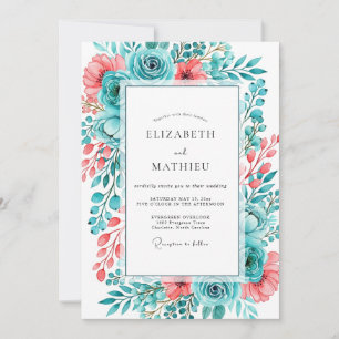 Invitación Boda Romántica Pintura Coral Teal