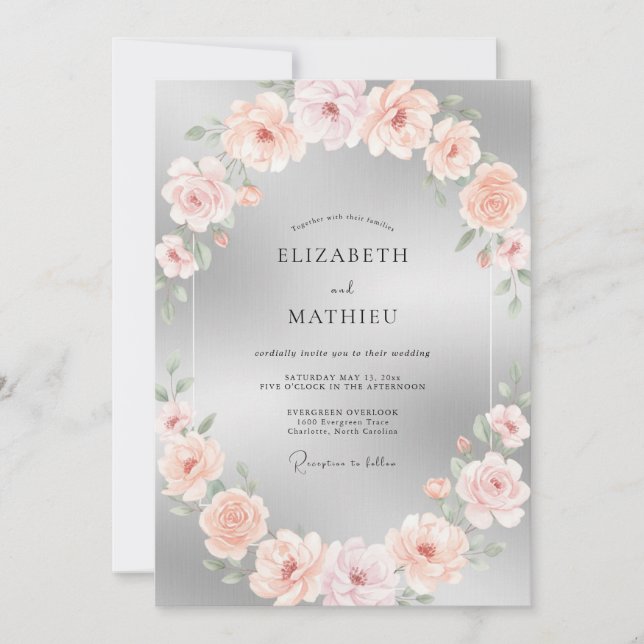 Invitación Boda Romántica Plateada Brillante (Anverso)