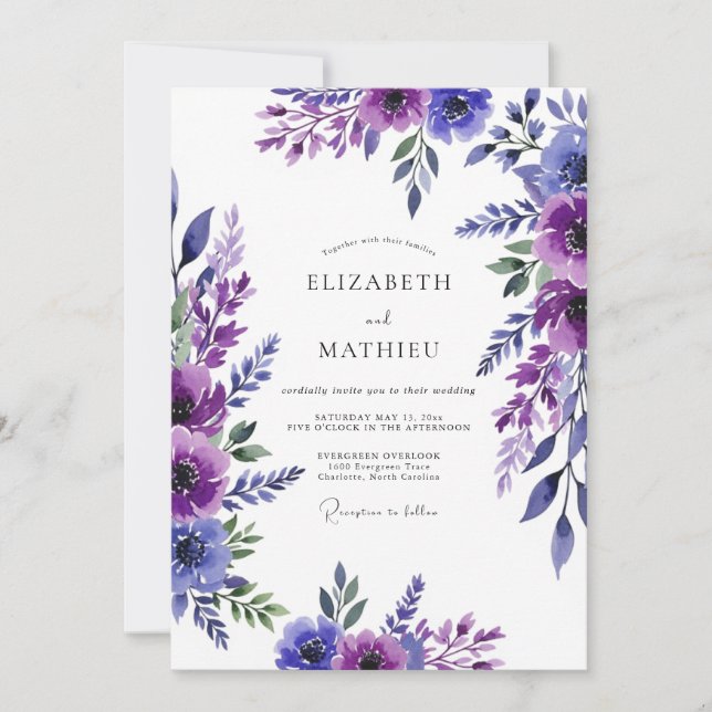 Invitación Boda Romántica Purpúrea Pintada (Anverso)