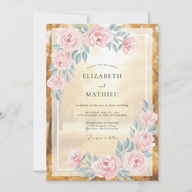 Invitación Boda Romántica Radiante Dorada (Anverso)