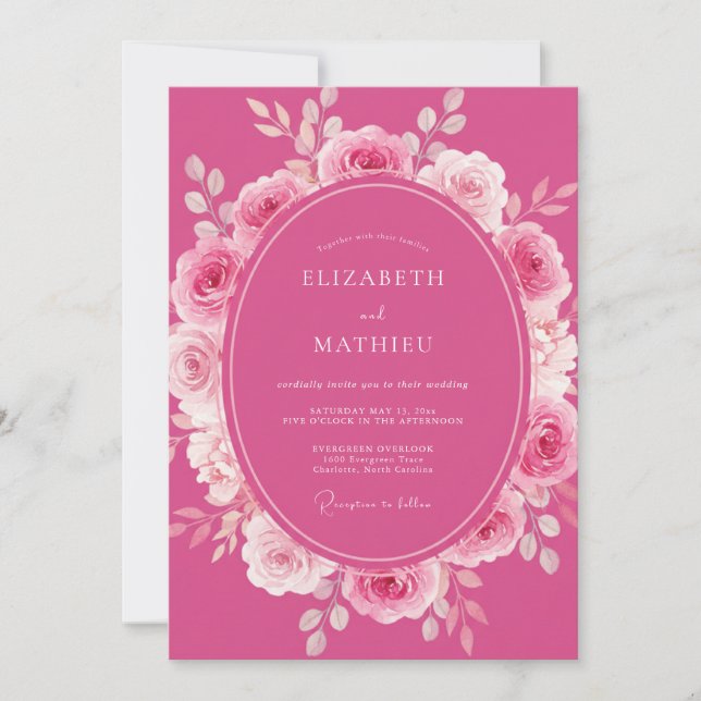 Invitación Boda Romántica Radiante Rosa Fucsia (Anverso)