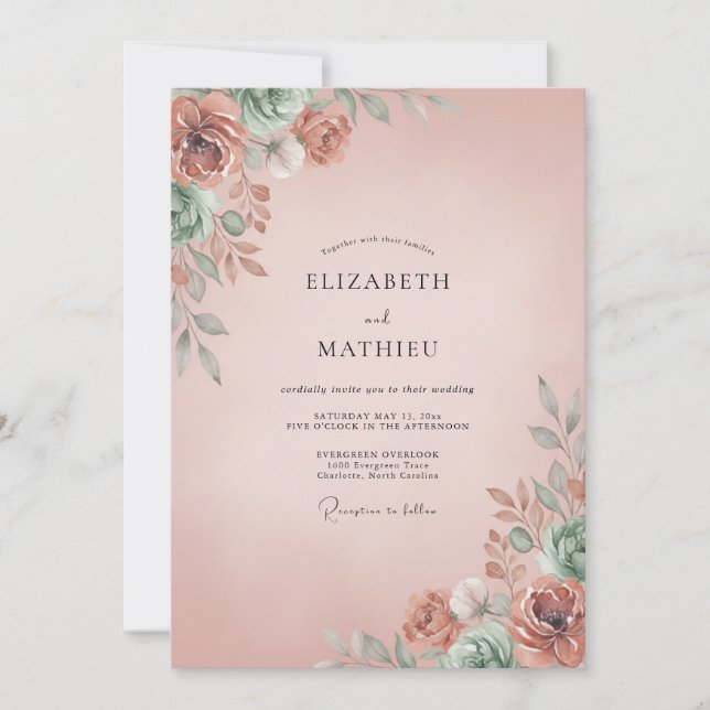 Invitación Boda Romántica Refinada Rosa Rubor (Anverso)