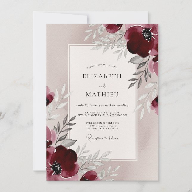 Invitación Boda Romántica Refined Burgundy (Anverso)