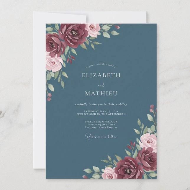 Invitación Boda Romántica Regia Azul Pizarra (Anverso)