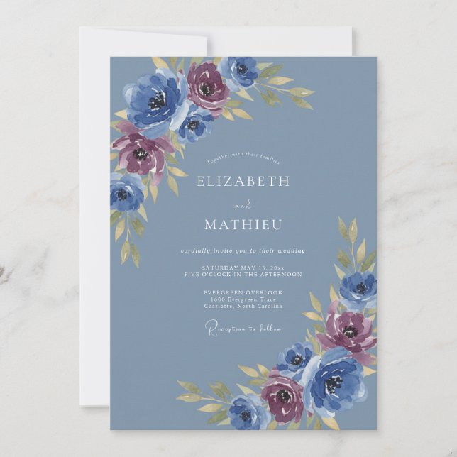 Invitación Boda Romántica Remolino de Rosa Azul (Anverso)