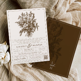 Invitación Boda Romántica Retro Floral Vintage Marfil Marrón