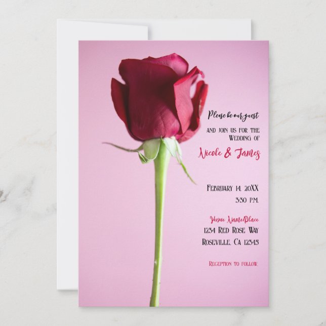 Invitación Boda Romántica Romántica Rosa Única (Anverso)