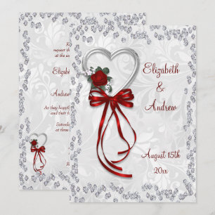 Invitación Boda Romántica Rosa, Diamantes y Cinta Roja