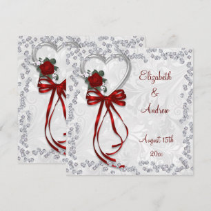 Invitación Boda Romántica Rosa, Diamantes y Cinta Roja