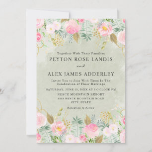 Invitación Boda Romántica Rosa Floral Verde Dorado