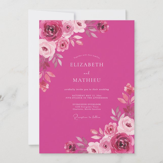 Invitación Boda Romántica Rosa Lujuriante Magenta (Anverso)