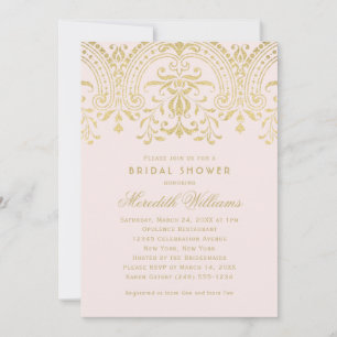 Invitación Boda Romántica Rosa Pálido Damasco Dorado Lluvia d