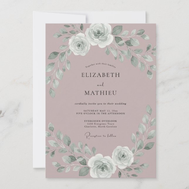 Invitación Boda Romántica Rosa Plata Malva (Anverso)
