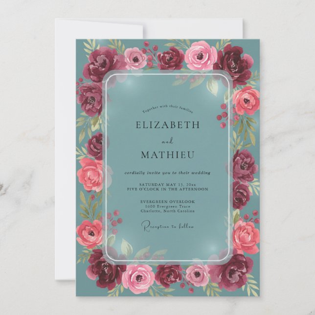 Invitación Boda Romántica Rosa Turquesa (Anverso)