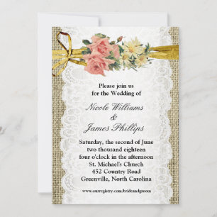 Invitación Boda Romántica Rústica con Arpillera y Encaje Blan