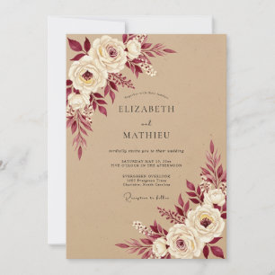 Invitación Boda Romántica Rústica con Floral Borgoña