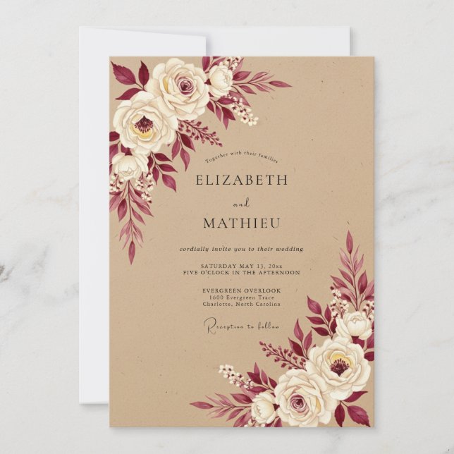 Invitación Boda Romántica Rústica con Floral Borgoña (Anverso)
