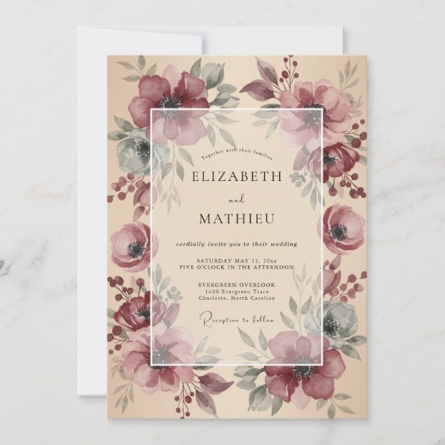 Invitación Boda Romántica Rústica con Floral Granate (Anverso)