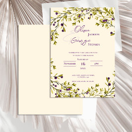 Invitación Boda Romántica Rústica con Hojas de Bayas Moradas