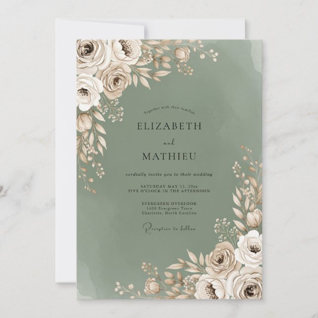 Invitación Boda Romántica Sage Bloom (Anverso)