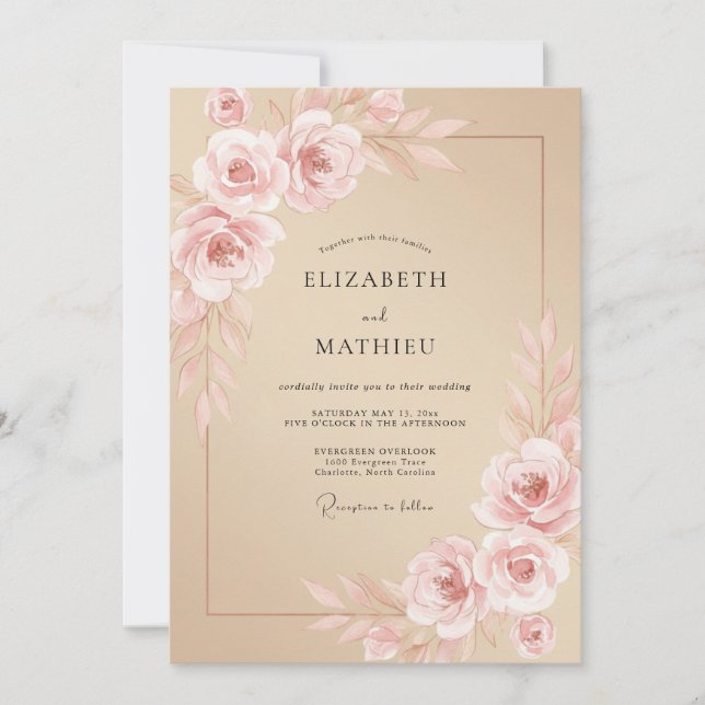 Invitación Boda Romántica Serena Beige Rosa (Anverso)