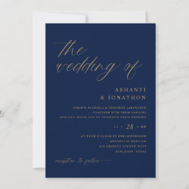 Invitación Boda Romántica Suave de Azul Marino y Oro Todo en 
