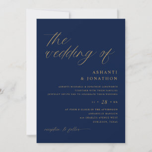 Invitación Boda Romántica Suave de Azul Marino y Oro Todo en 