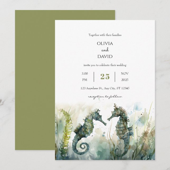 Invitación Boda Romántica submarina de caballito de mar Parej (Anverso / Reverso)