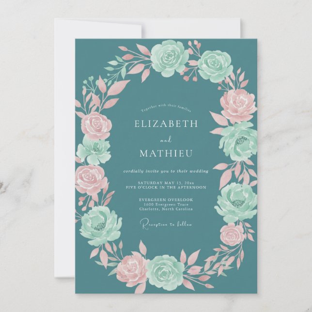 Invitación Boda Romántica Teal Bloom (Anverso)